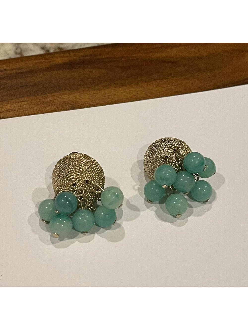 Vintage Green Signed Coro Gold Tone Cha Cha Beaded Clip On Earrings